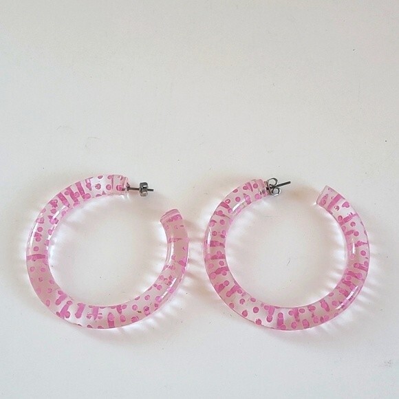 Vintage Hoop Earrings Clear Plastic Pink Polkadot 💗 - Picture 1 of 4